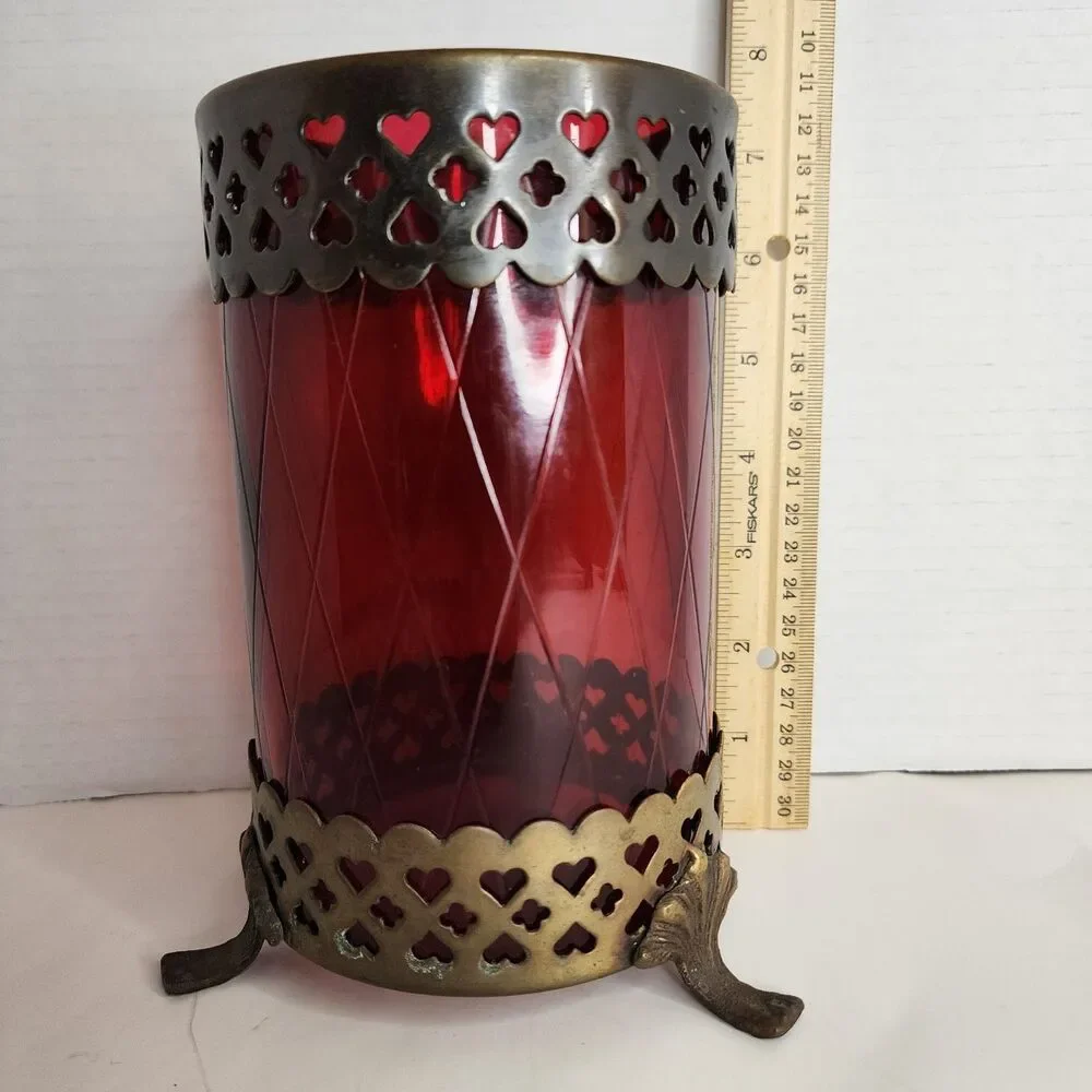 Vintage Bohemian Footed Ruby Red Diamond Cut w/Brass  Trim 7